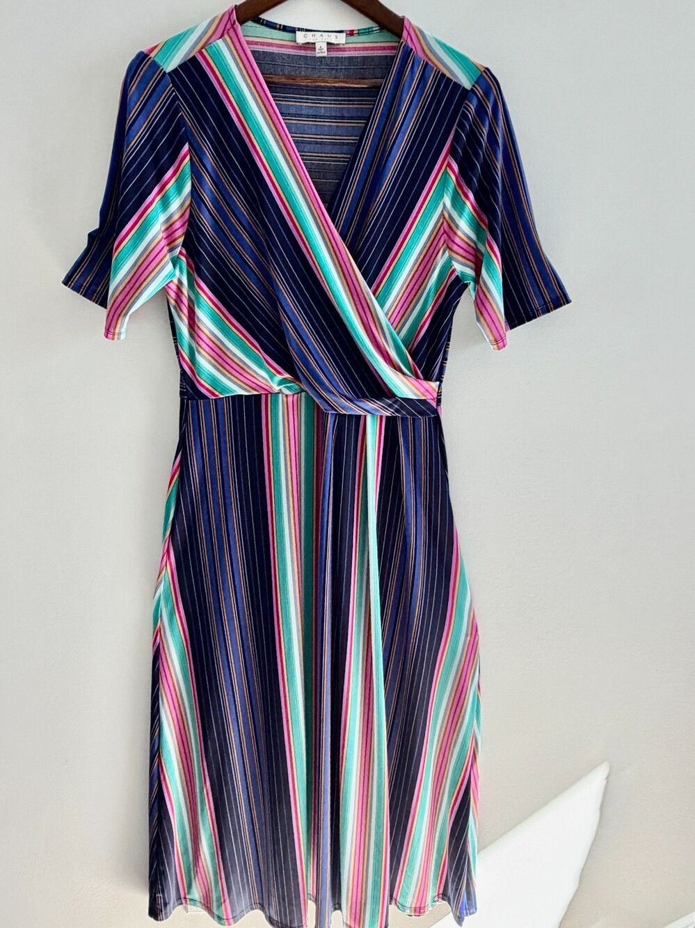 Chaus New York Striped Dress Women’s Large Short Sleeve MidiLength Retro Vibe